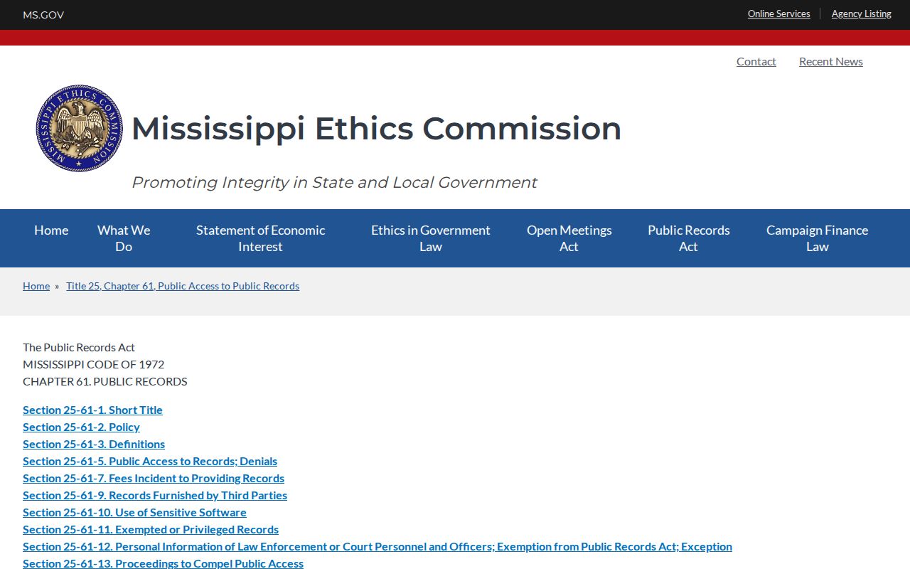 Pontotoc County release record request rules from the Mississippi Ethics Commission