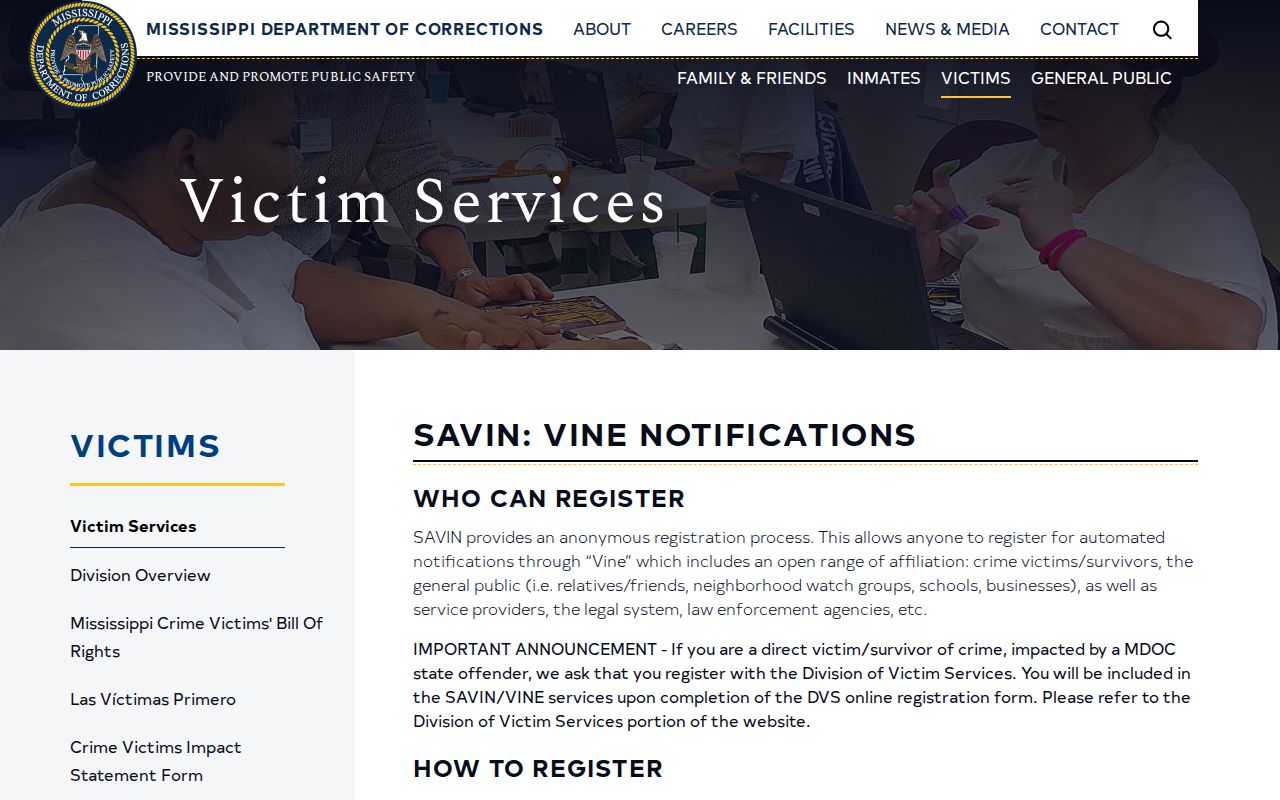 Mississippi SAVIN registration options for Pontotoc County release notifications